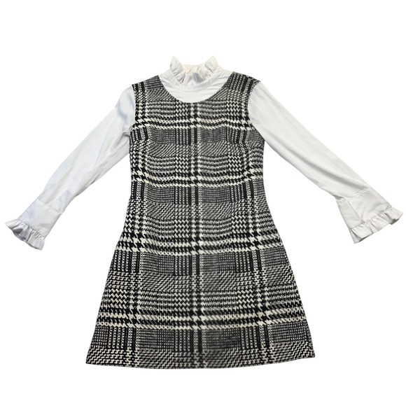 eShakti Custom Black White Houndstooth Dress Ruffle Cuffs Long Sleeve 60s Mod - Picture 1 of 10